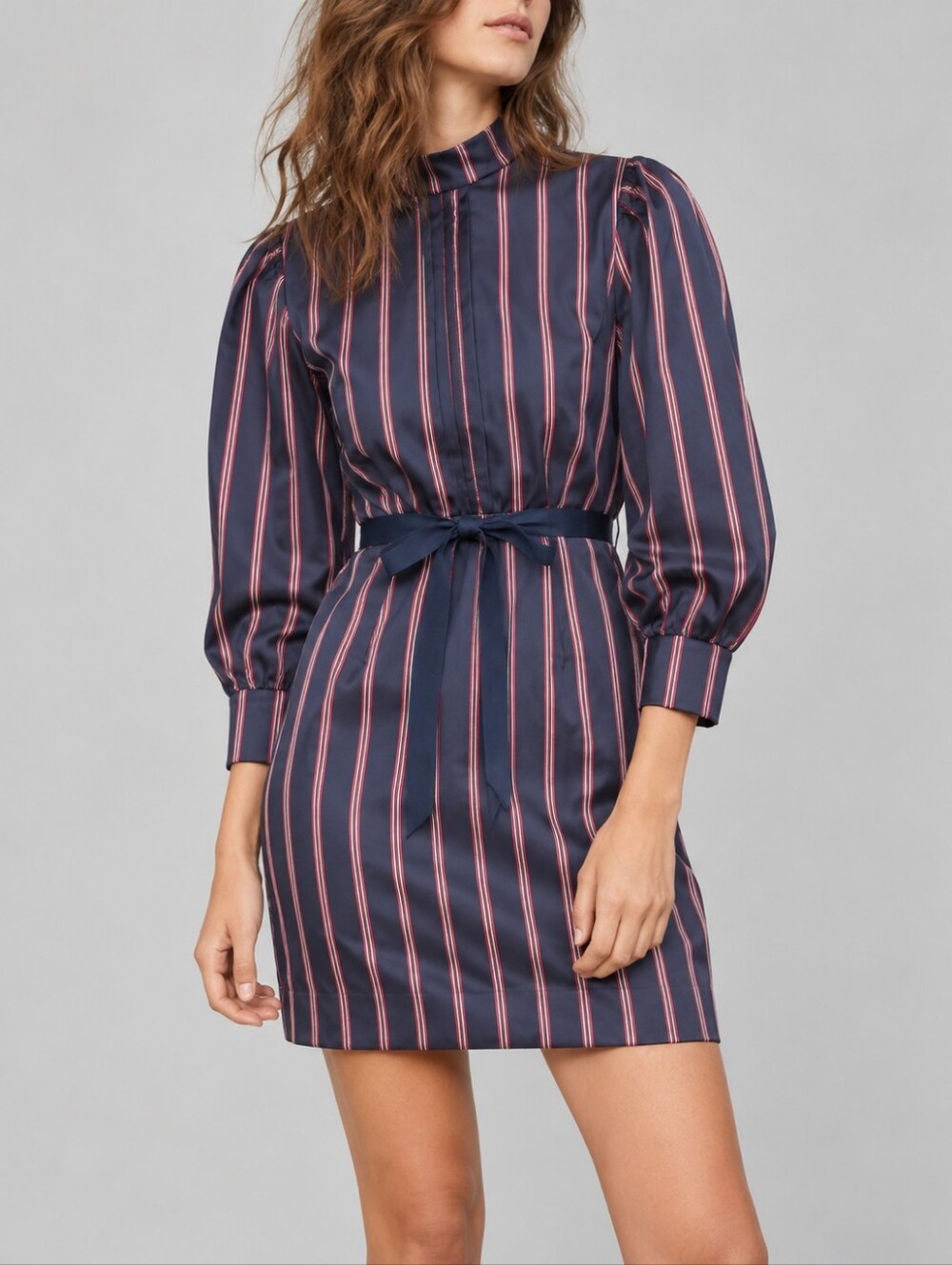 Sandro Paris Respect Navy Striped Belted Dress Long Sleeve Womens Size 36